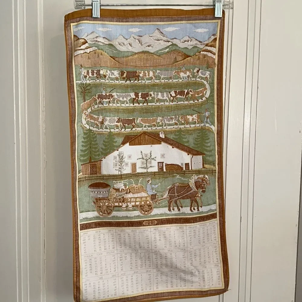 Vtg‎  1991 Calendar tea towel/European scene of cows being herded up mountain